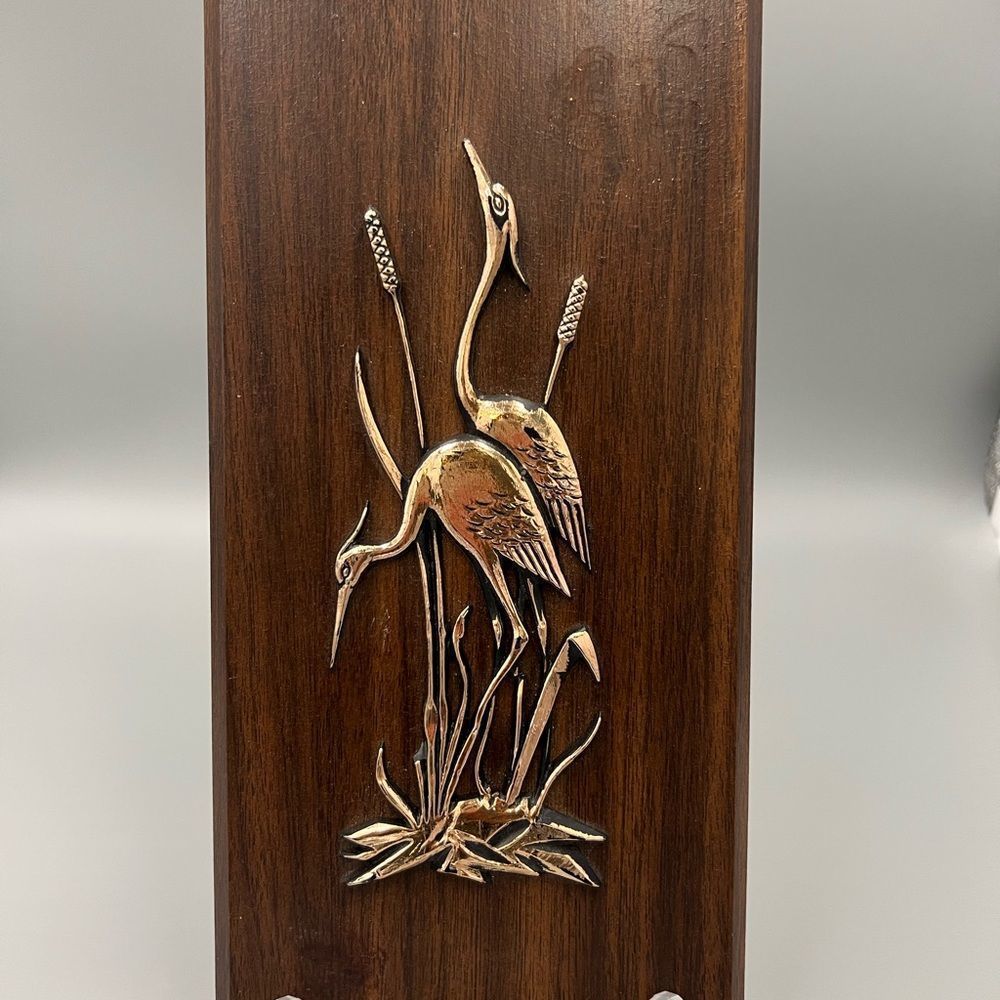 Vintage Wood Plaque with Brass Herons 60s mid century - Picture 2 of 5